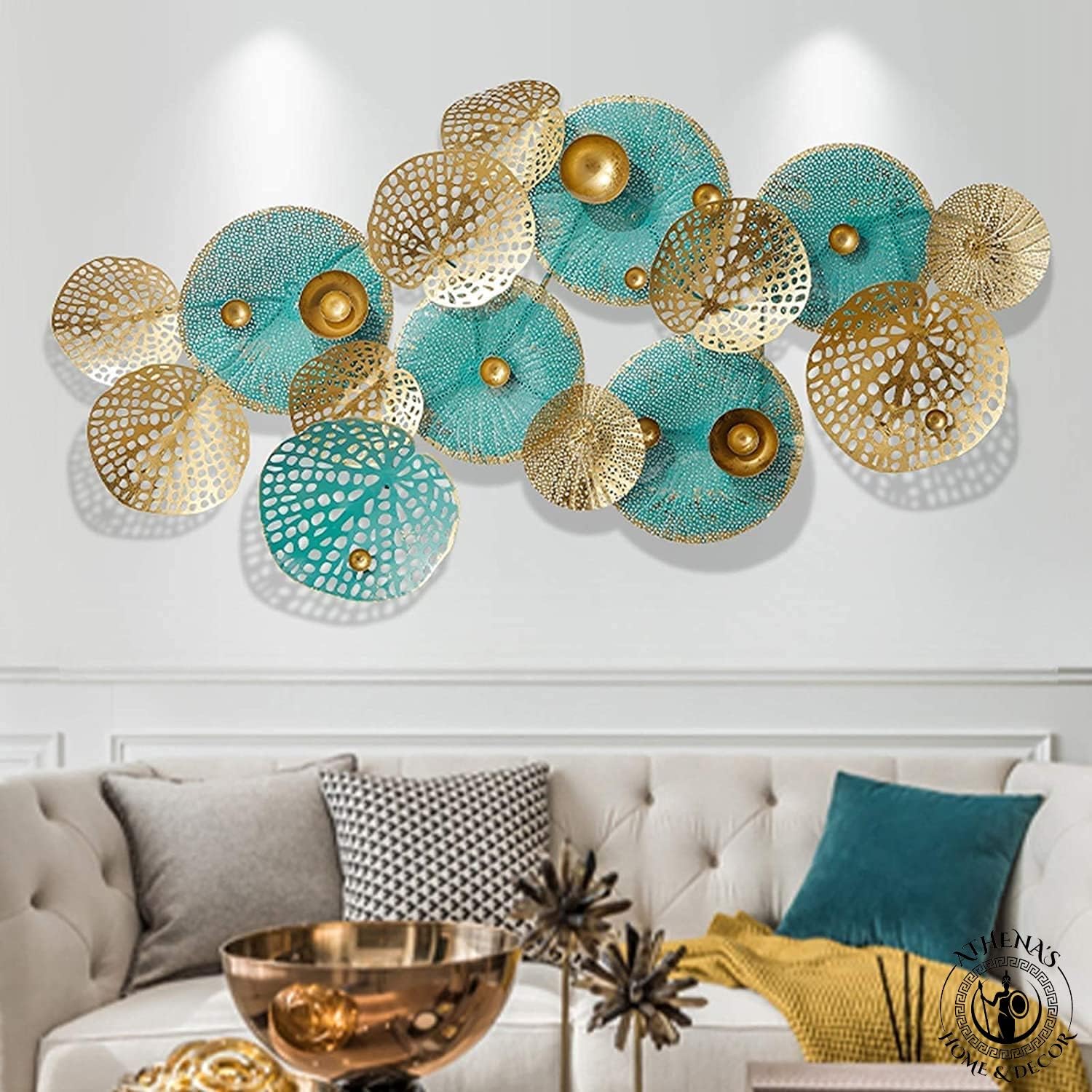 Teal And Gold Flowers Circle Metal Wall Art – Chalk My Theme