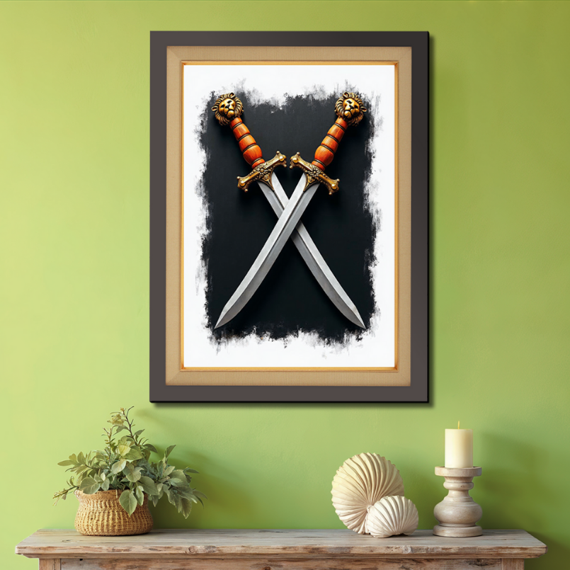 Two Swords Vectors Vintage Wood Print Wall Art 18x23 Inches