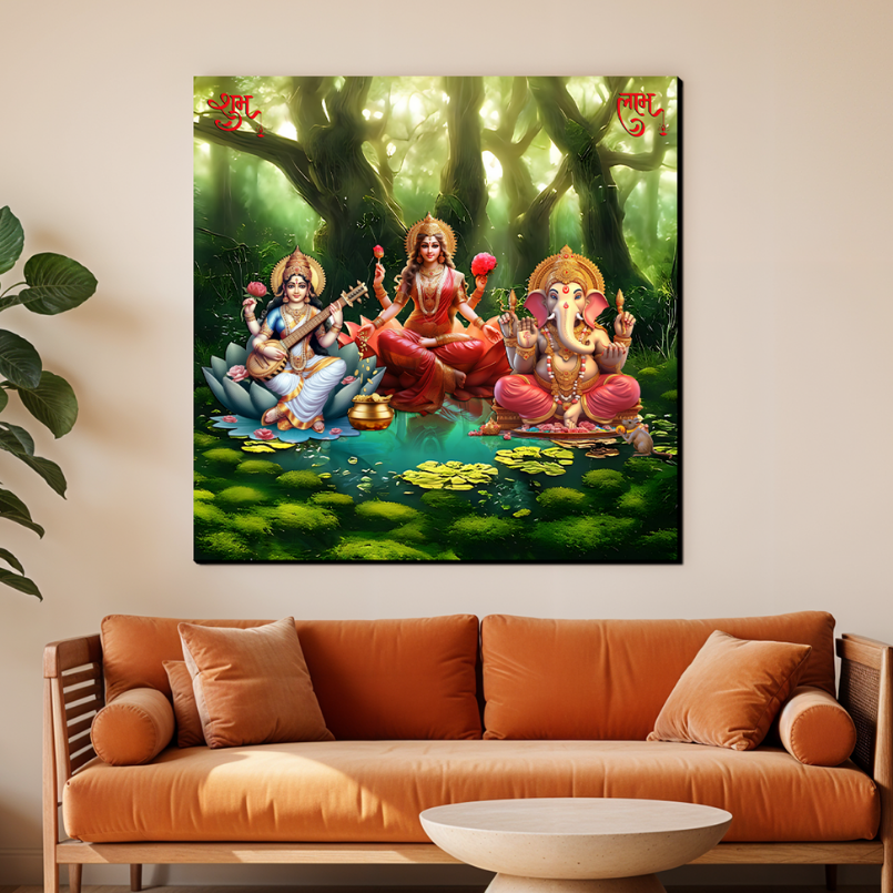 Maa Laxami With Saraswati And Ganessha Wood Print Wall Art