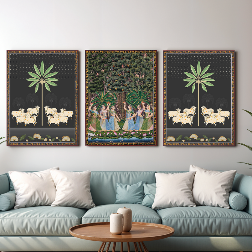 Set of 3 Gopis' Dance and Sacred Cow Pichwai Wood Print Wall Art