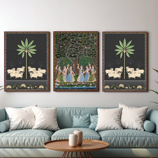 Set of 3 Gopis' Dance and Sacred Cow Pichwai Wood Print Wall Art