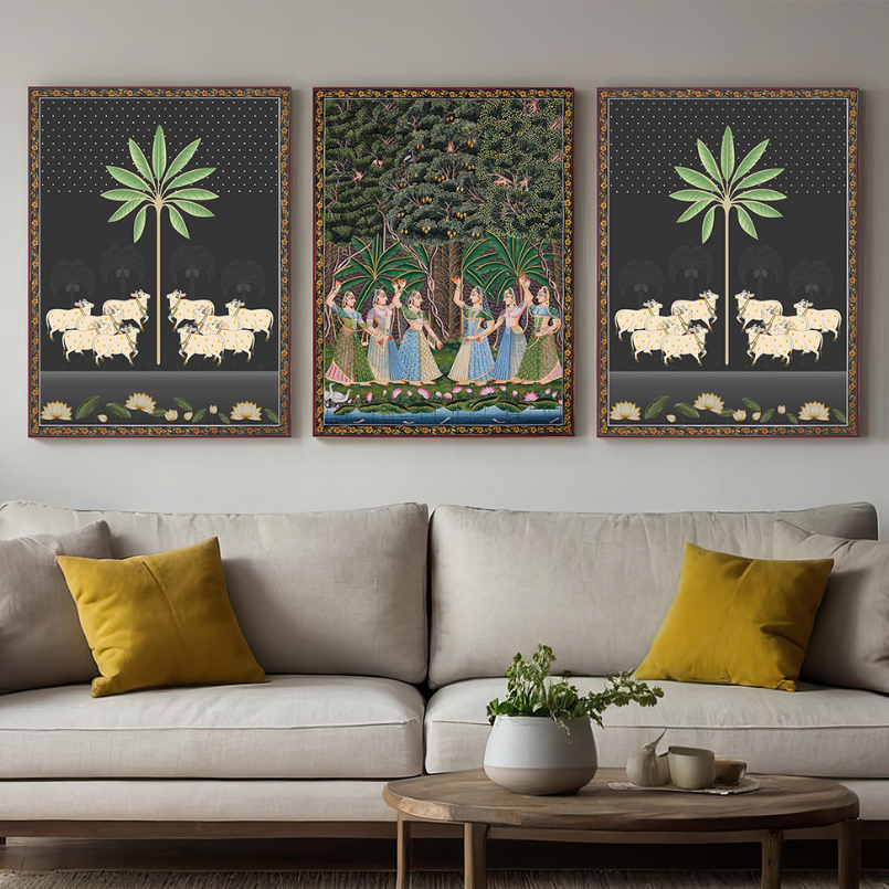 Set of 3 Gopis' Dance and Sacred Cow Pichwai Wood Print Wall Art