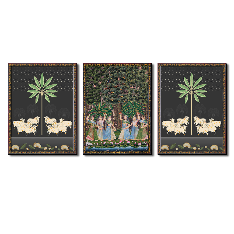 Set of 3 Gopis' Dance and Sacred Cow Pichwai Wood Print Wall Art