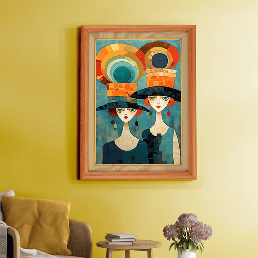 Two English Ladies With Colorful Hats Wood Print Wall Art 18x23 Inches