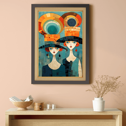 Two English Ladies With Colorful Hats Wood Print Wall Art 18x23 Inches