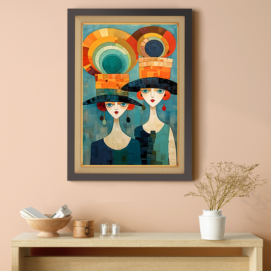 Two English Ladies With Colorful Hats Wood Print Wall Art 18x23 Inches