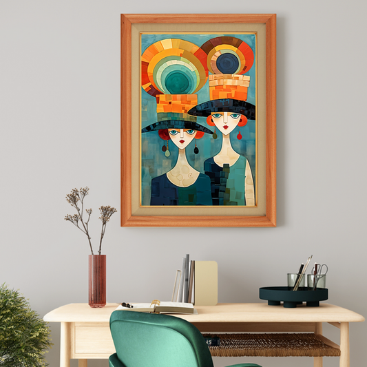 Two English Ladies With Colorful Hats Wood Print Wall Art 18x23 Inches