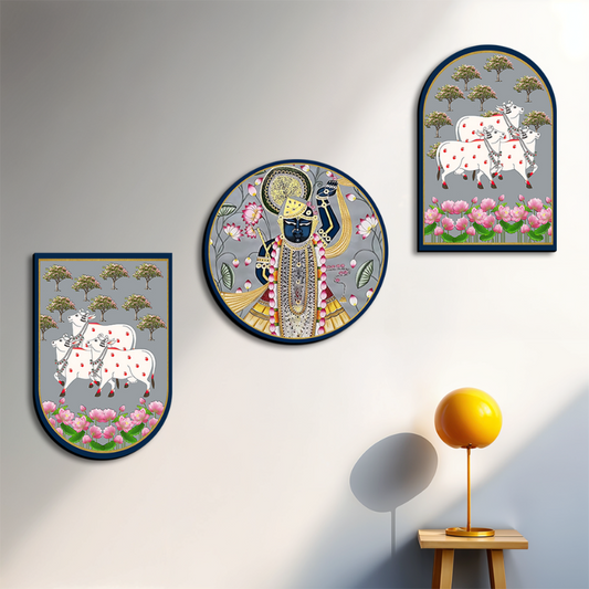 Set Of 3 Cow With Shrinath Ji Wood Print Wall Art