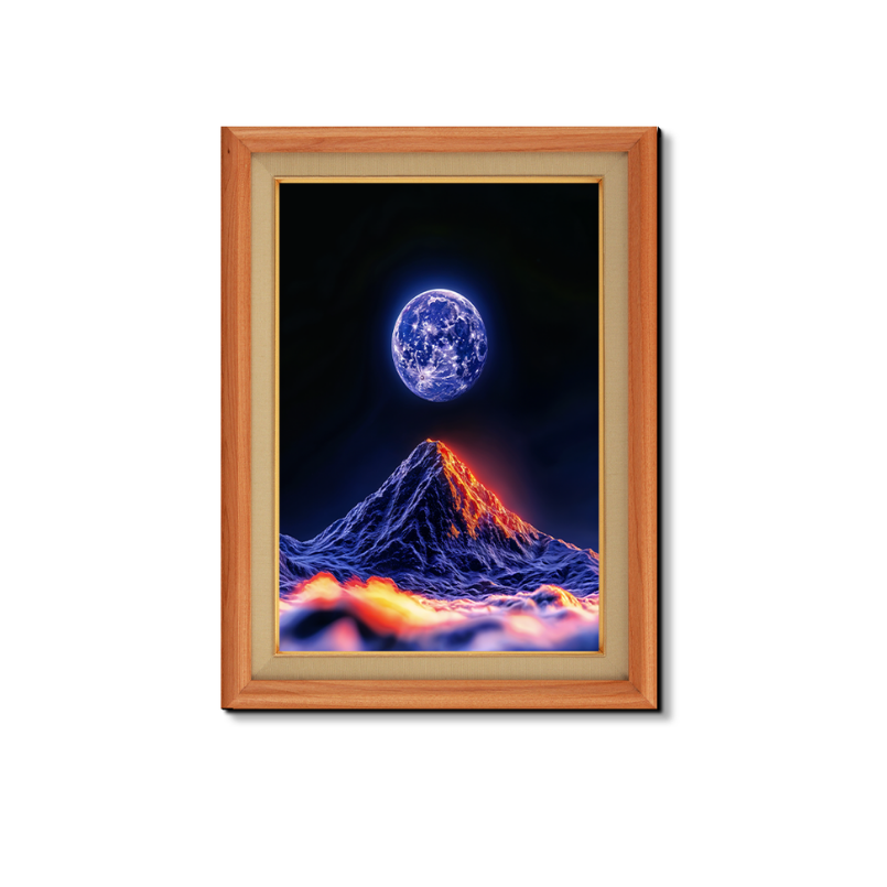 Moon Over Fiery Volcano Nights Wood Print Wall Art 18x23 Inches