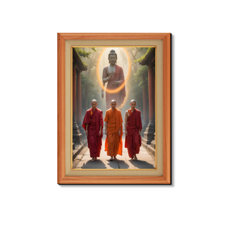 Monk With Budha On Background Wood Print Wall Art 18x23 Inches