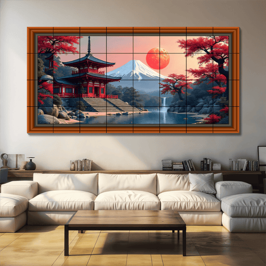 Japanese Temple With Sun Rise Wood Print Wooden Luxury Wall Tiles Set