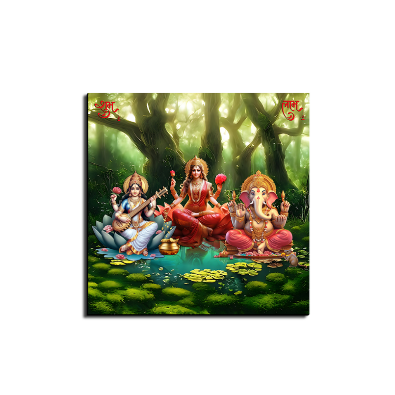 Maa Laxami With Saraswati And Ganessha Wood Print Wall Art