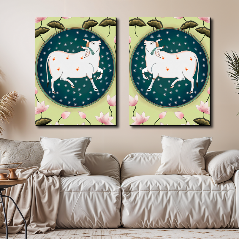 Set Of 2 Cow and Lotus Pichwai Wood Print Wall Art