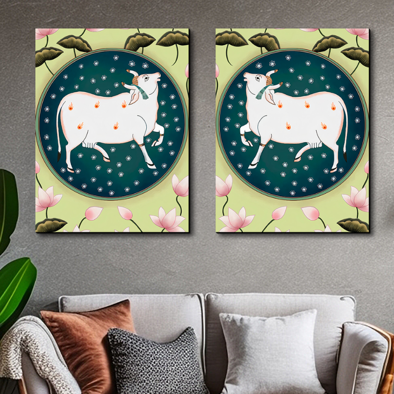 Set Of 2 Cow and Lotus Pichwai Wood Print Wall Art