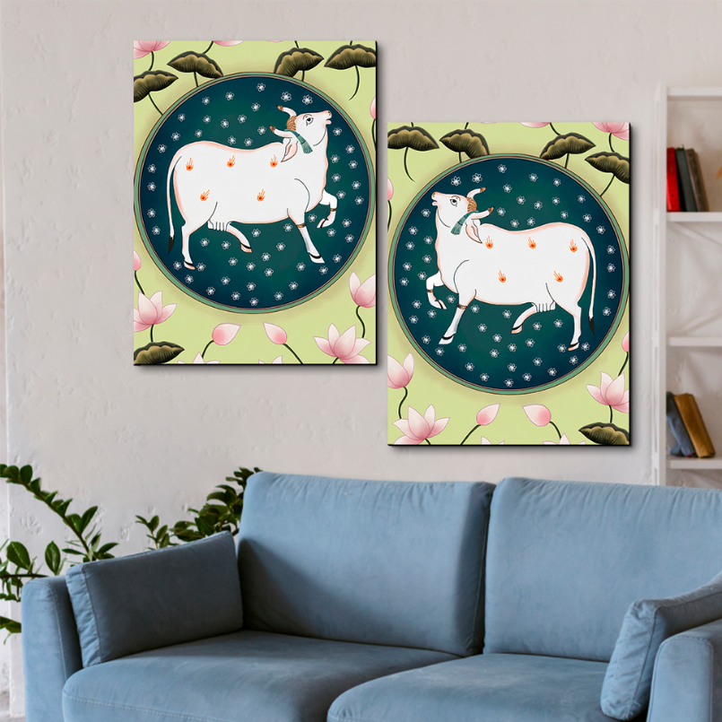 Set Of 2 Cow and Lotus Pichwai Wood Print Wall Art