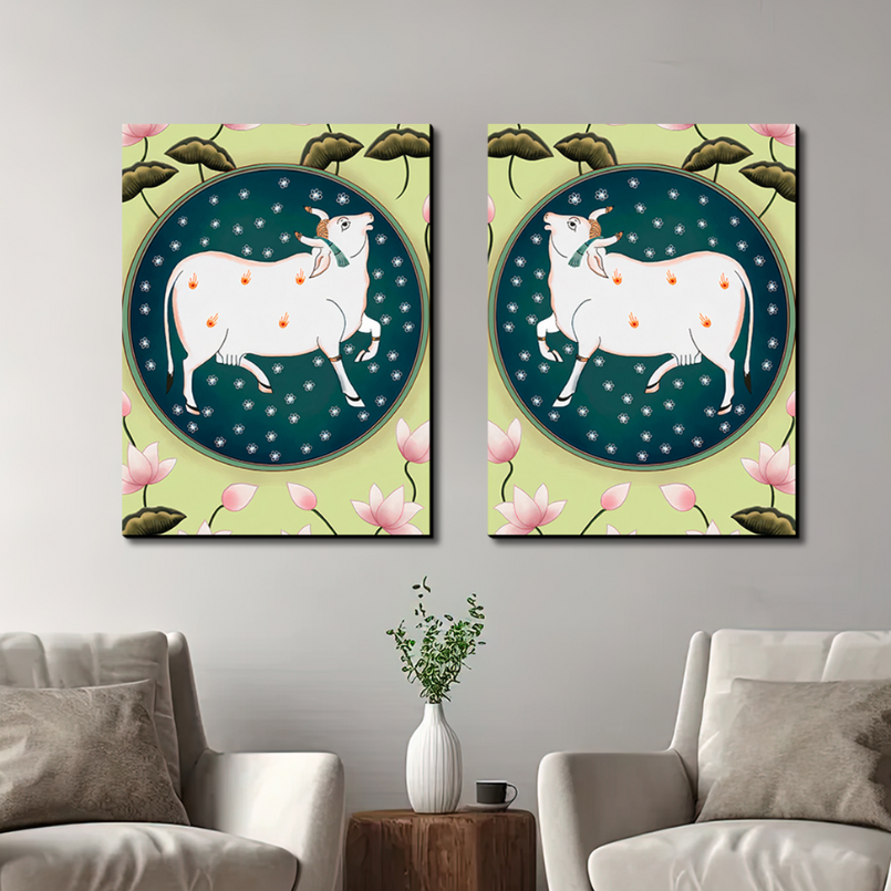 Set Of 2 Cow and Lotus Pichwai Wood Print Wall Art