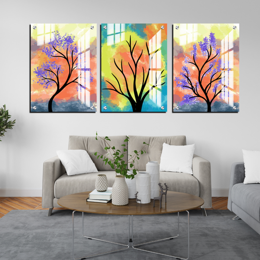 Colorful Botanical Wood Print Wall Art Set of 3