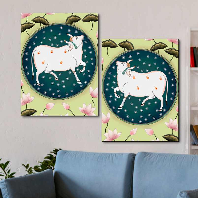 Set Of 2 Cow and Lotus Pichwai Wood Print Wall Art