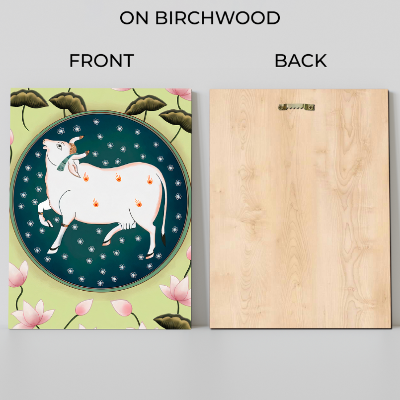 Set Of 2 Cow and Lotus Pichwai Wood Print Wall Art