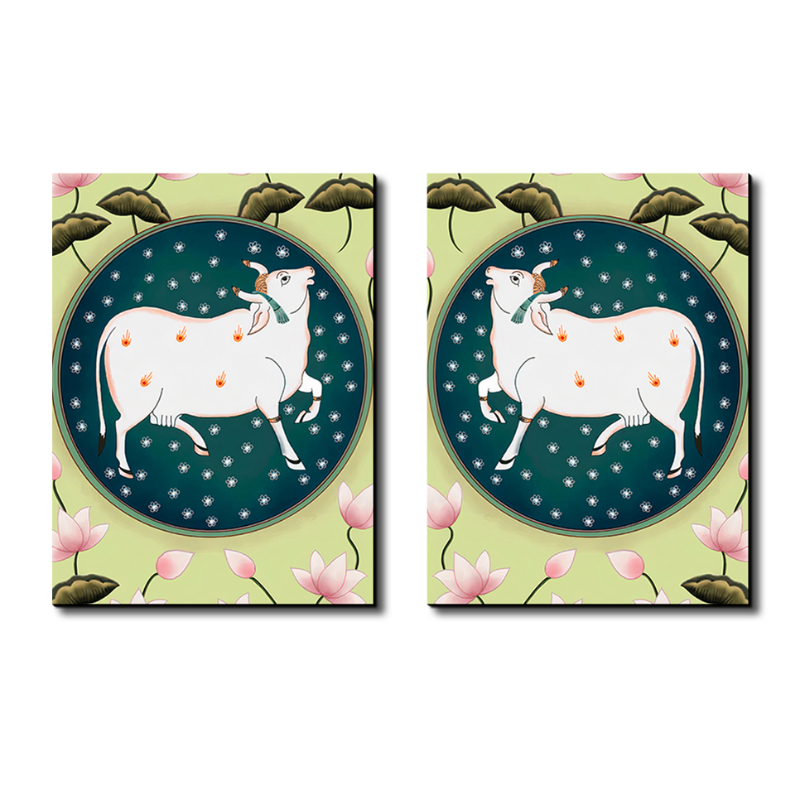 Set Of 2 Cow and Lotus Pichwai Wood Print Wall Art