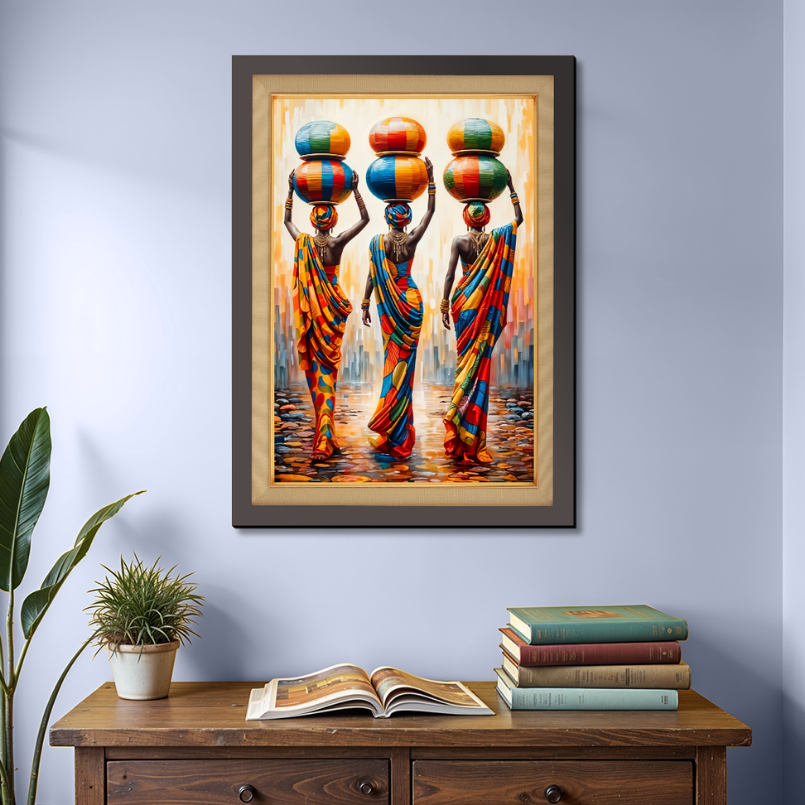 African Women Carrying Pots on Their Head Colorful Wood Print Wall Art 18x23 Inches