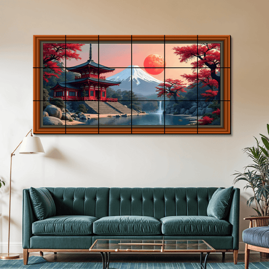 Japanese Temple With Sun Rise Wood Print Wooden Luxury Wall Tiles Set