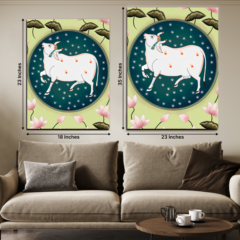 Set Of 2 Cow and Lotus Pichwai Wood Print Wall Art