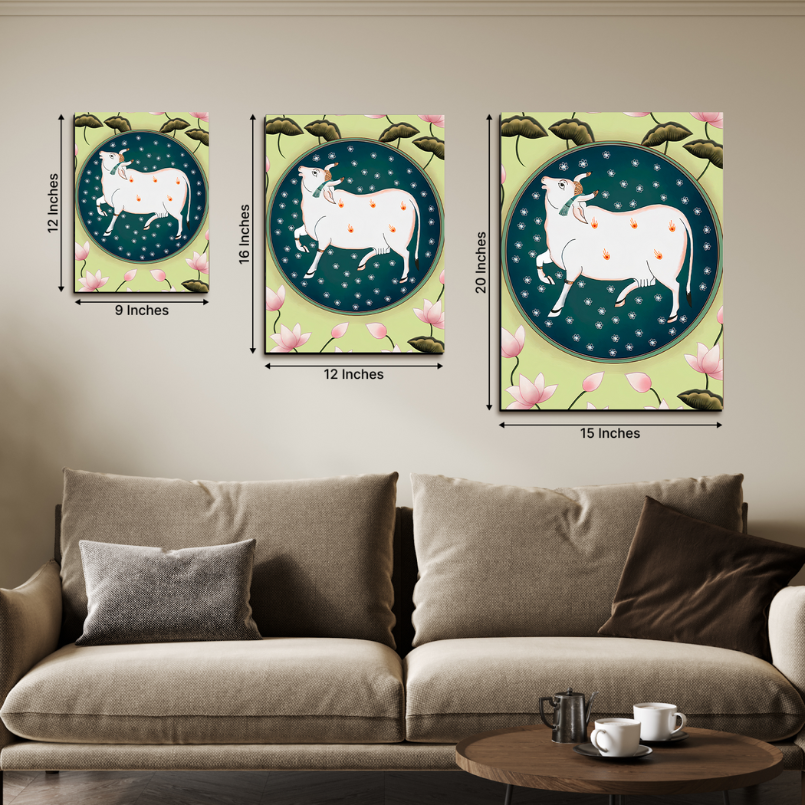 Set Of 2 Cow and Lotus Pichwai Wood Print Wall Art