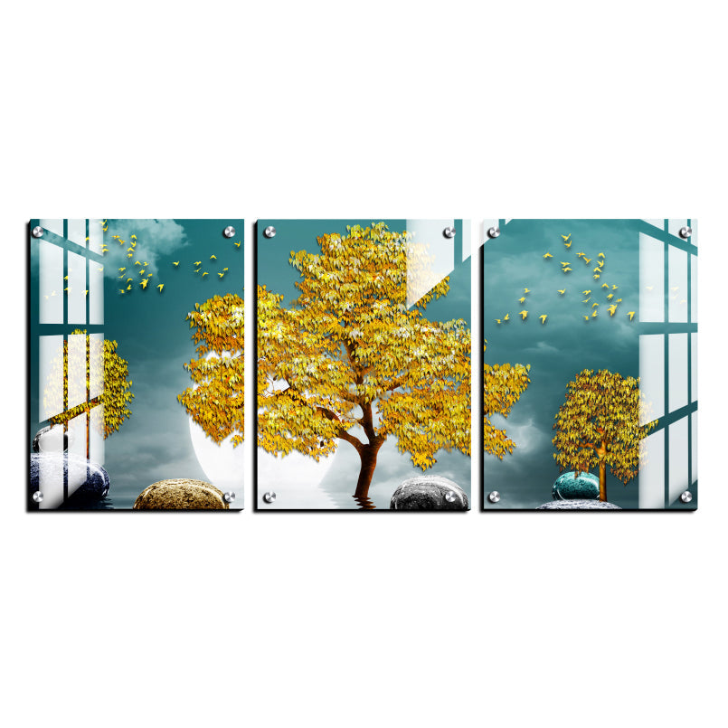 Good Luck Golden Tree Wood Print Wall Art Set of 3