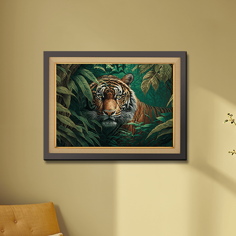 Bengal Tiger Staring In Tropical Rainforest Wood Print Wall Art 23x17.5 Inches