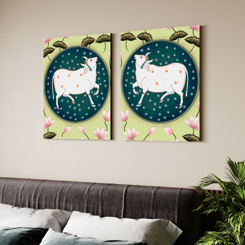 Set Of 2 Cow and Lotus Pichwai Wood Print Wall Art