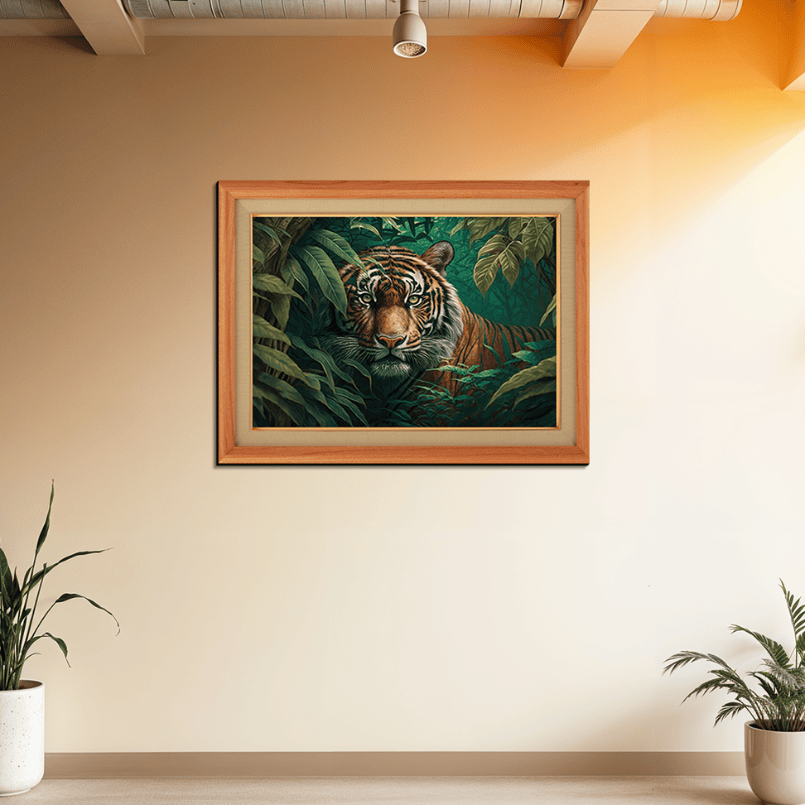 Bengal Tiger Staring In Tropical Rainforest Wood Print Wall Art 23x17.5 Inches