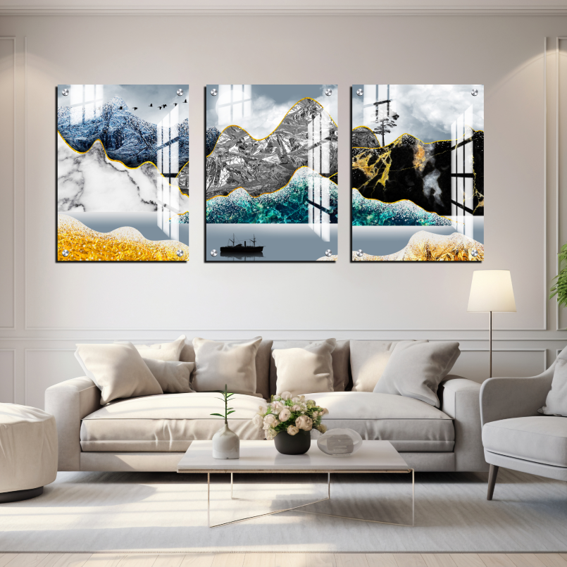 Golden Line Mountains Wood Print Wall Art Set of 3