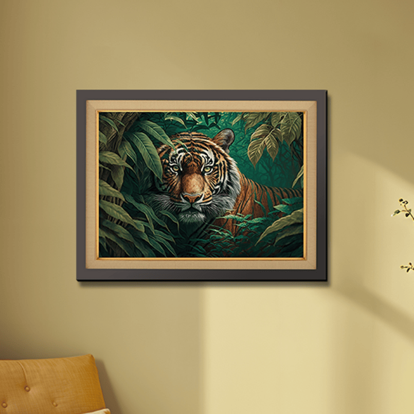 Bengal Tiger Staring In Tropical Rainforest Wood Print Wall Art 23x17.5 Inches