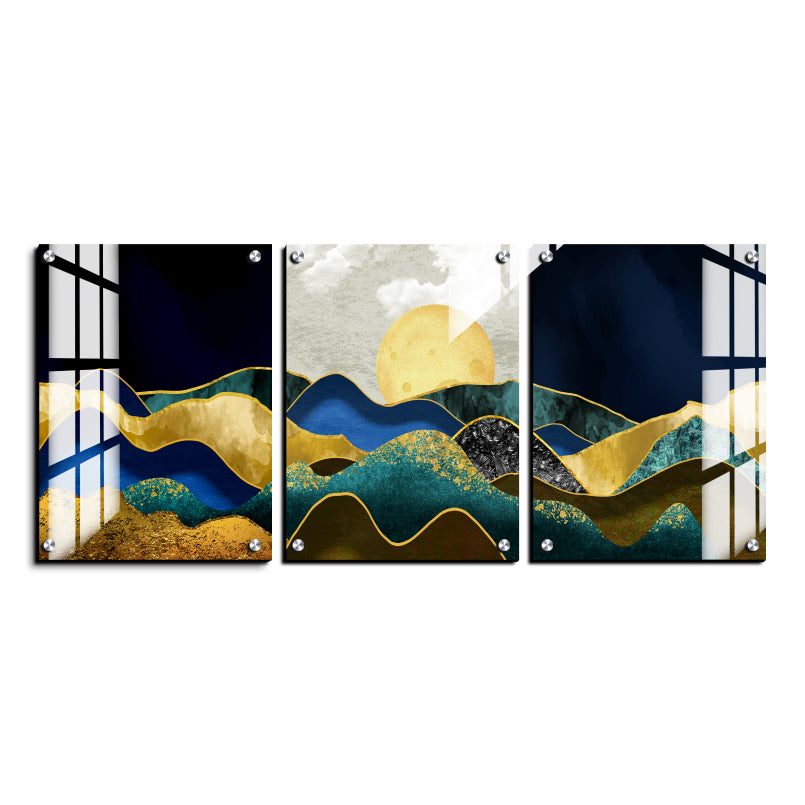 Blue & Gold Landscape Wood Print Wall Art Set of 3