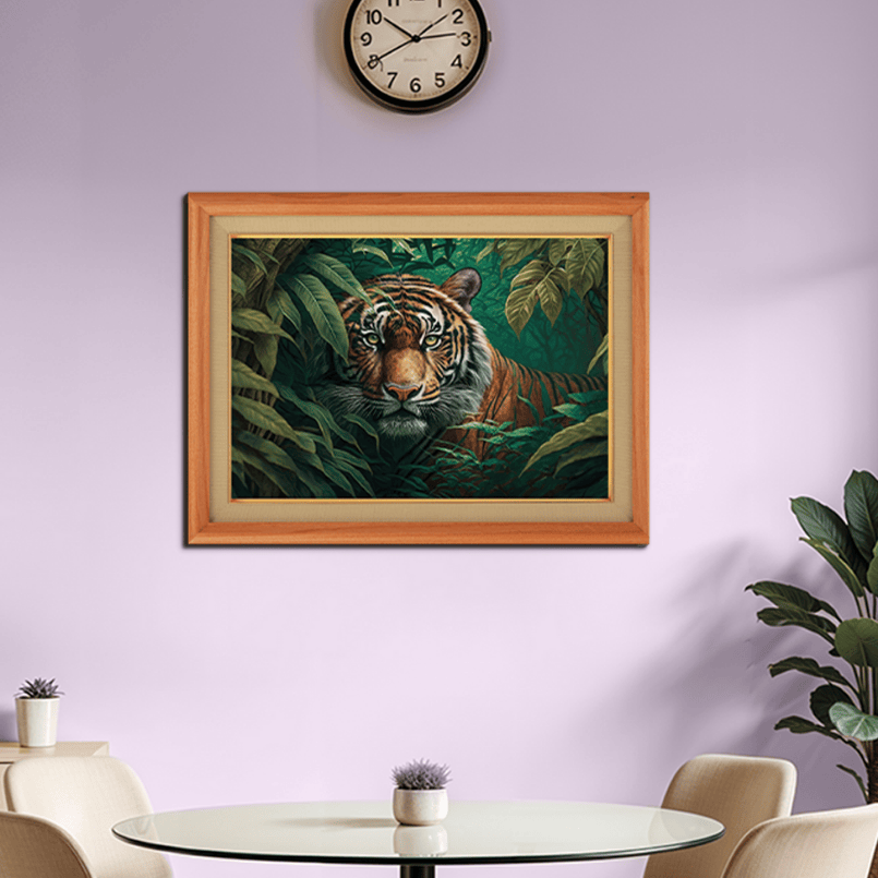 Bengal Tiger Staring In Tropical Rainforest Wood Print Wall Art 23x17.5 Inches