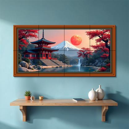 Japanese Temple With Sun Rise Wood Print Wooden Luxury Wall Tiles Set