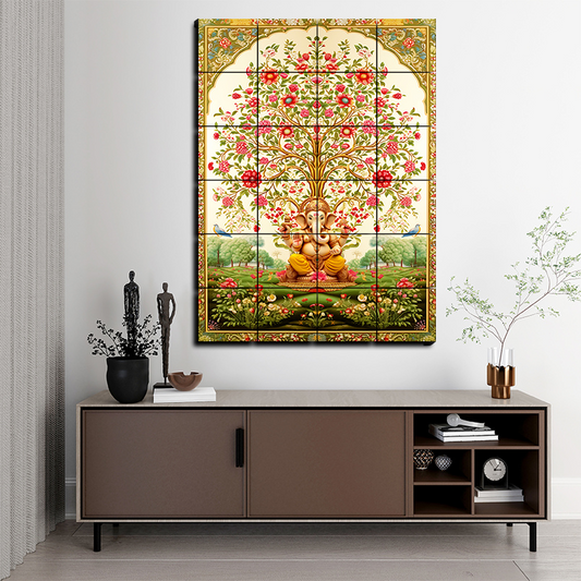 Tree of Life Pichwai With Ganesh Wood Print Luxury Wall Tiles Set