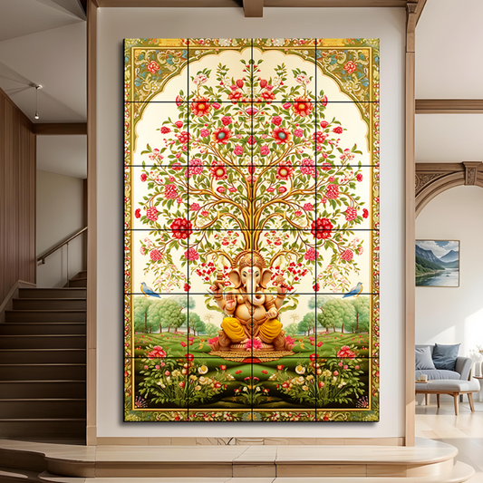 Tree of Life Pichwai With Ganesh Wood Print Luxury Wall Tiles Set