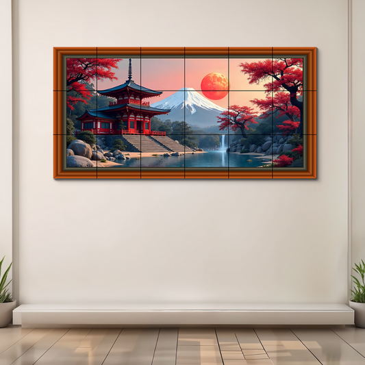 Japanese Temple With Sun Rise Wood Print Wooden Luxury Wall Tiles Set