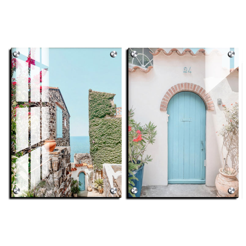 Mediterranean Aqua Coastal Wood Print Wall Art Set of 2