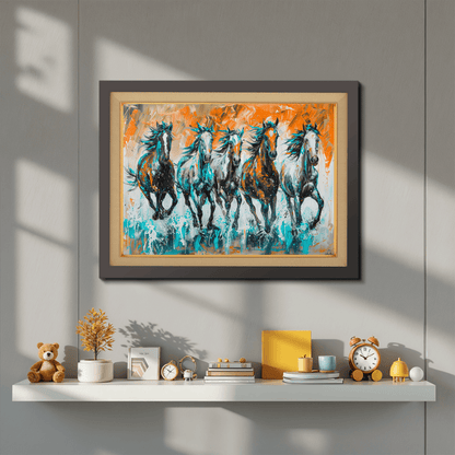 Acrylic Color Five Majestic Horses Wood Print Wall Art 23x17.5 Inches