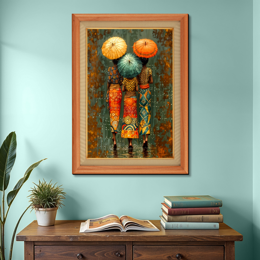 African Ladies With Umbrella Wood Print Wall Art 18x23 Inches