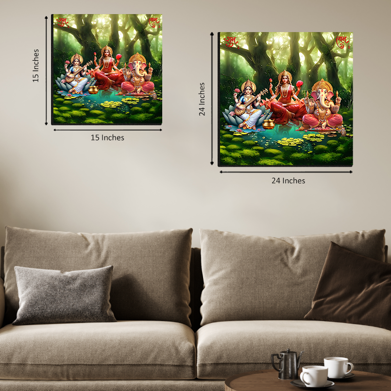 Maa Laxami With Saraswati And Ganessha Wood Print Wall Art