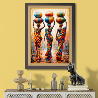 African Women Carrying Pots on Their Head Colorful Wood Print Wall Art 18x23 Inches