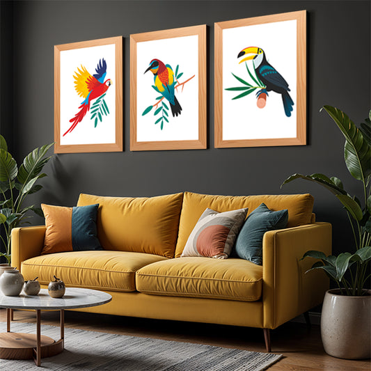 Beautiful Birds Wood and Acrylic Print Wall Art Set of 3