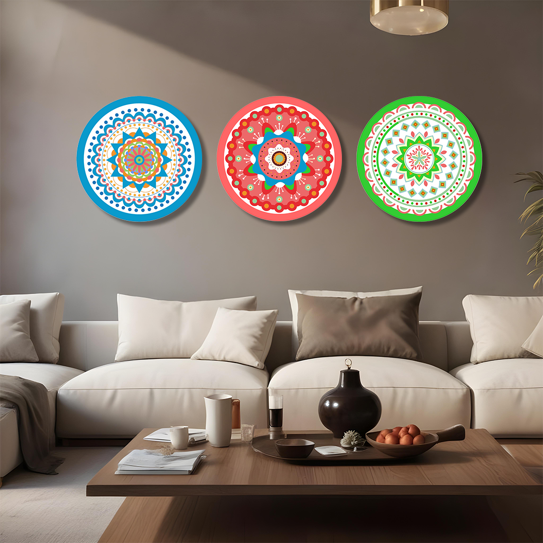 Set of 3 Mandala Wood Print Wall Art 18 Inch Each