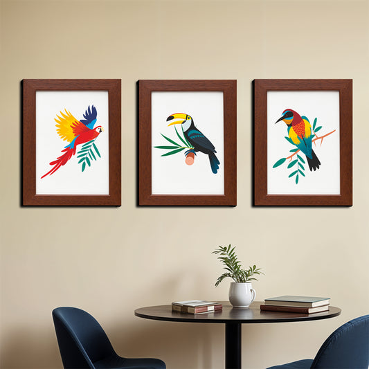 Beautiful Birds With Brown Printed Wood and Acrylic Print Wall Art Set of 3