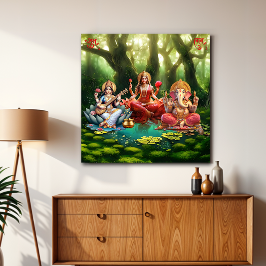 Maa Laxami With Saraswati And Ganessha Wood Print Wall Art