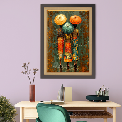 African Ladies With Umbrella Wood Print Wall Art 18x23 Inches